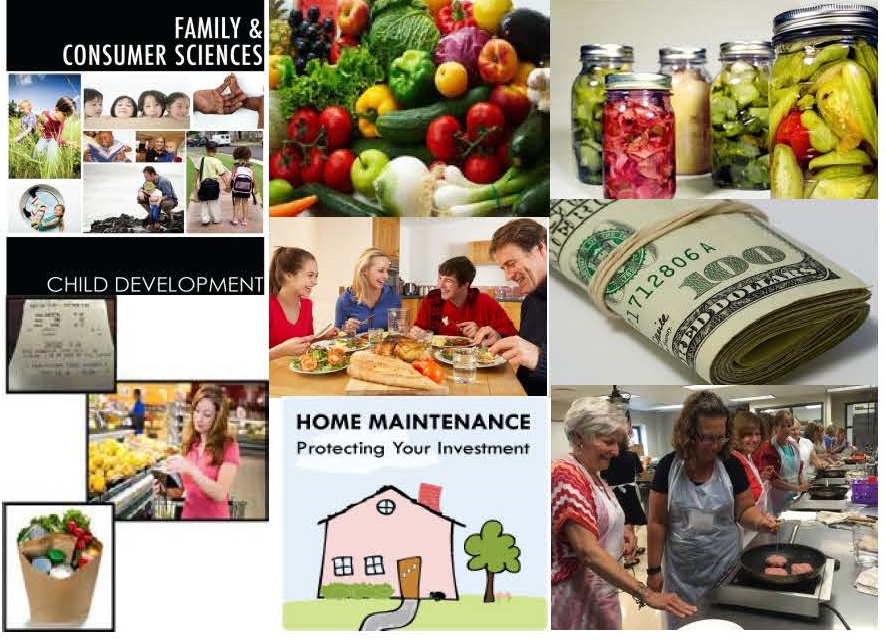 Collage of FACS related images such as vegetables, money, people at a cooking class, and home maintenance